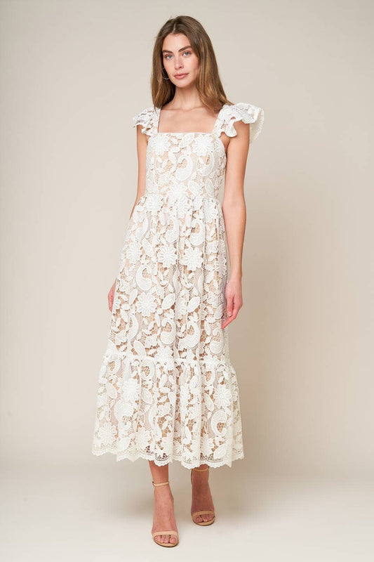 Solid Lace Midi Dress: White