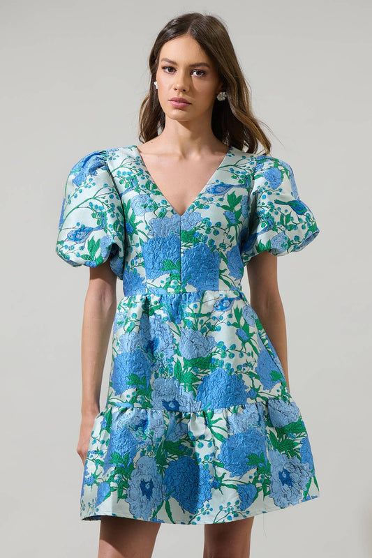 Willa Floral May Jacquard Tiered Mini Dress: WHITE-BLUE