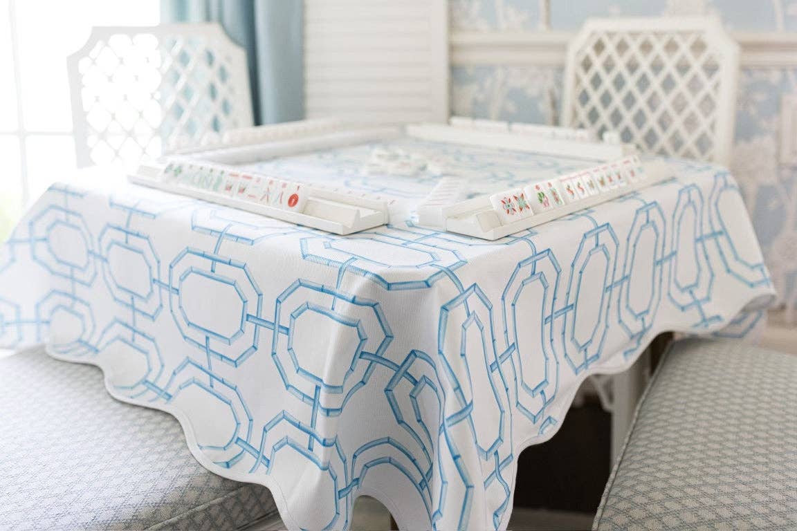 Scalloped Square Table Topper: Sky Blue Bamboo Chain