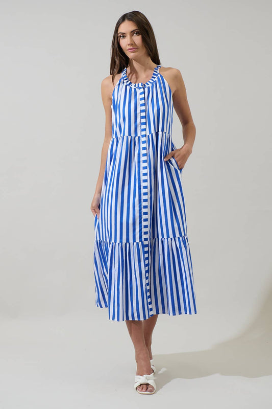 Bey Stripe Zelie Sleeveless Midi Dress: Blue & White