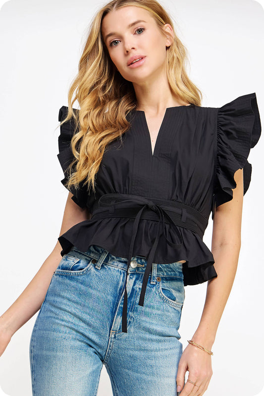 Flutter Sleeve Peplum Poplin Top: Black