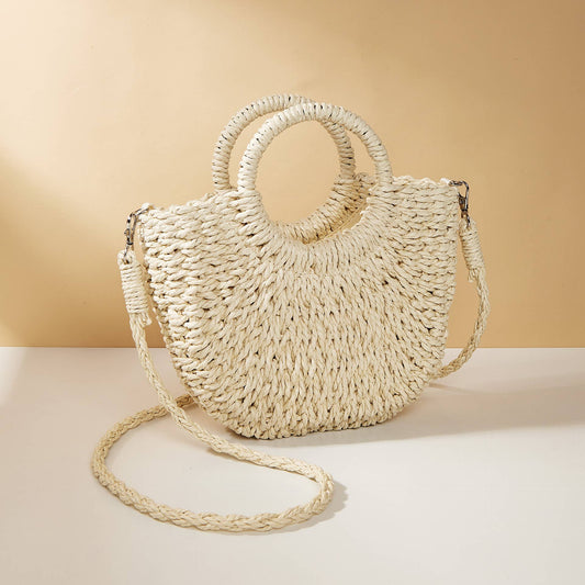 Half-moon shape handbag straw woven beach summer handbag: Beige