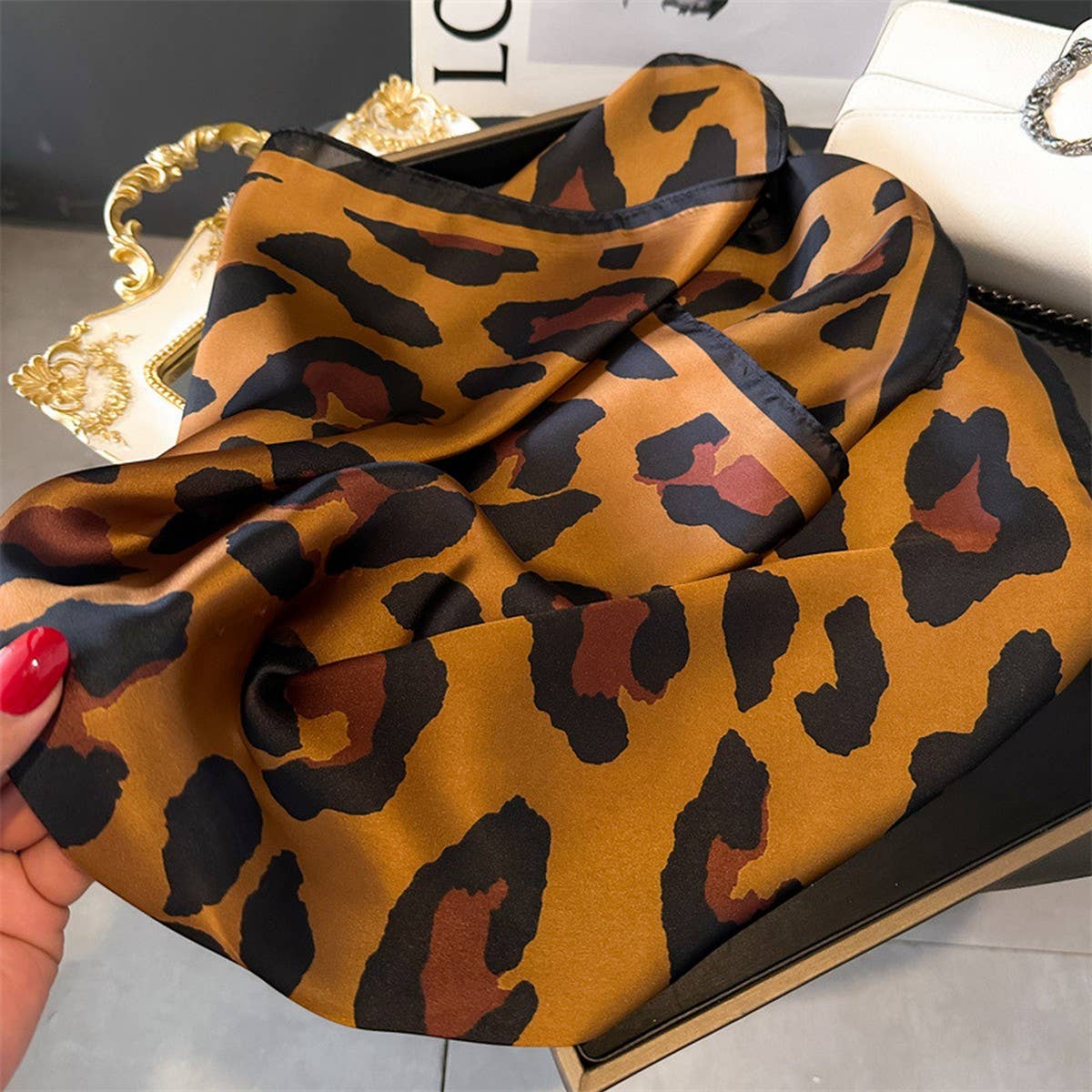 Leopard Print Satin Square Scarf, Hair Wrap_CWASC1425: White / (OS) 3