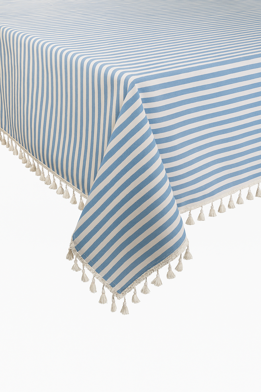 French Blue Simply Striped Tasseled Cotton Blend Tablecloth: 55"x55"