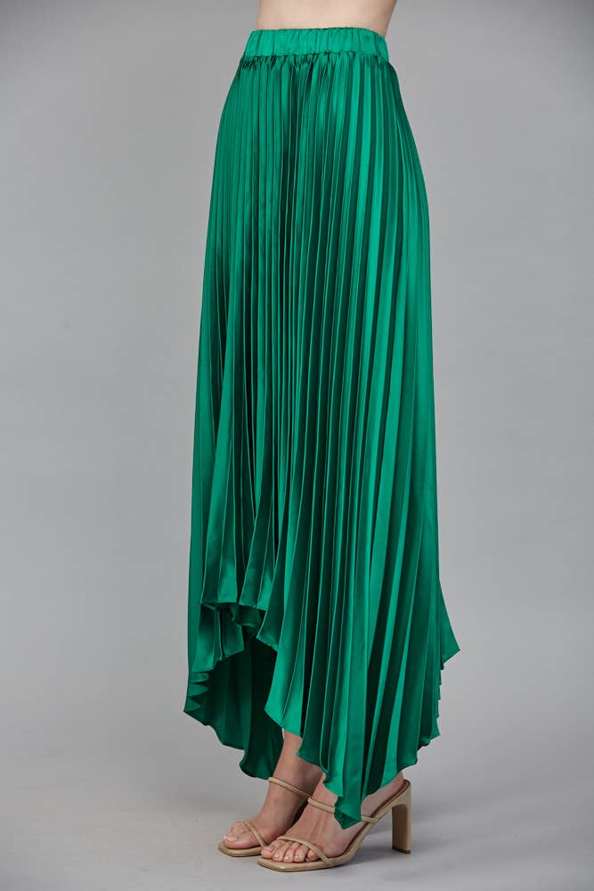 PLEATING DETAIL ASYMMETRICAL MIDI SKIRT:EMERALD GREEN