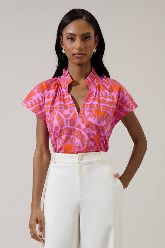 Tarie Tropical Juna Ruffle Top: PINK-ORANGE