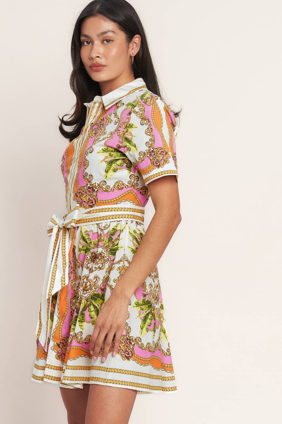 A printed woven mini shirt dress - ID23207: OFF WHITE PINK ORANGE / Contemporary / S