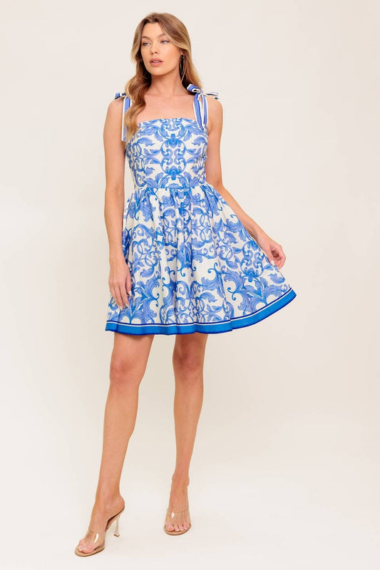 Print Tie Top Dress: Ivory & Blue