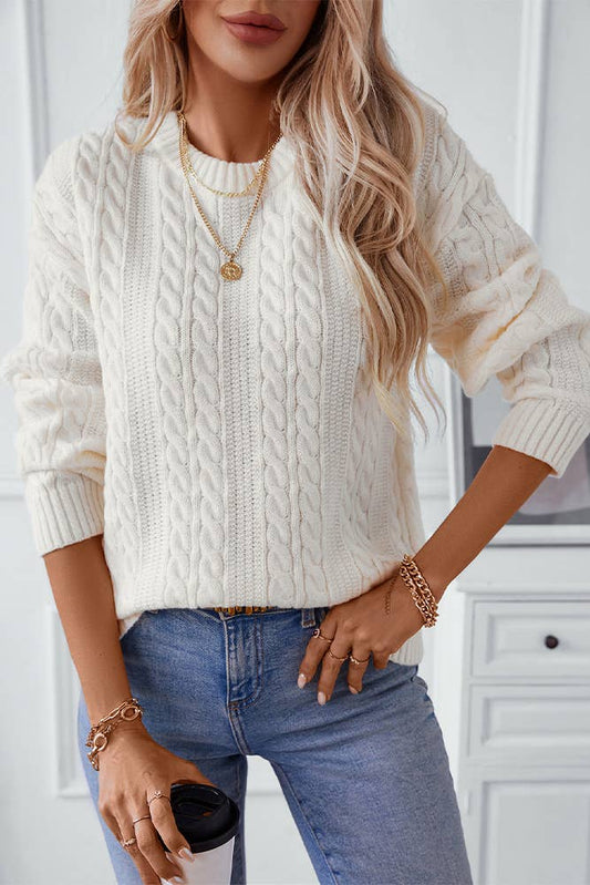 Vintage Twist Cable Knit Crew Neck Pullover Sweater MMY175: Beige / S