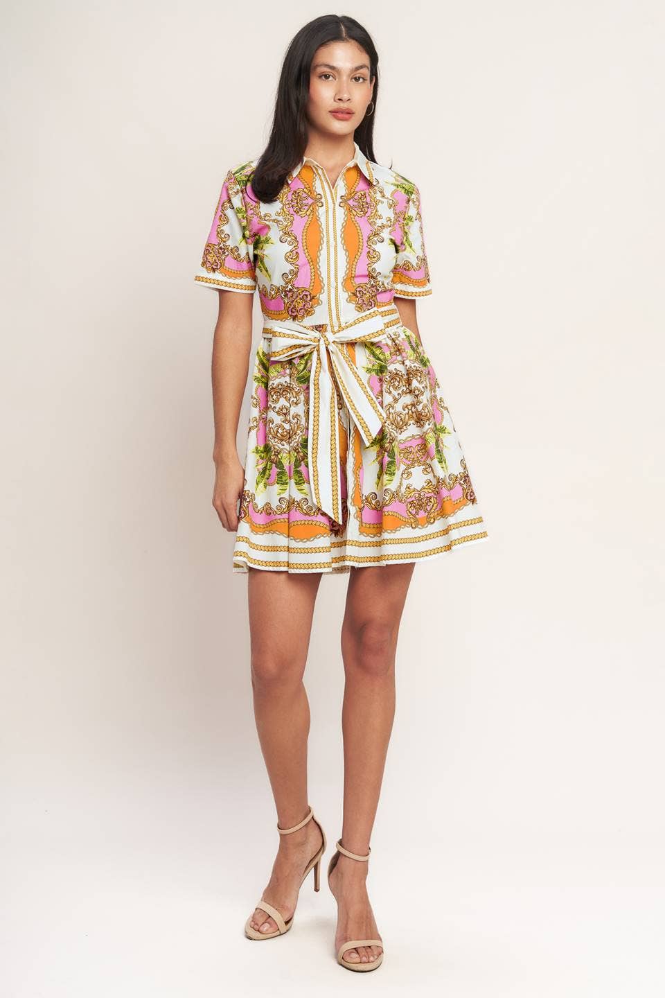 A printed woven mini shirt dress - ID23207: OFF WHITE PINK ORANGE / Contemporary / S
