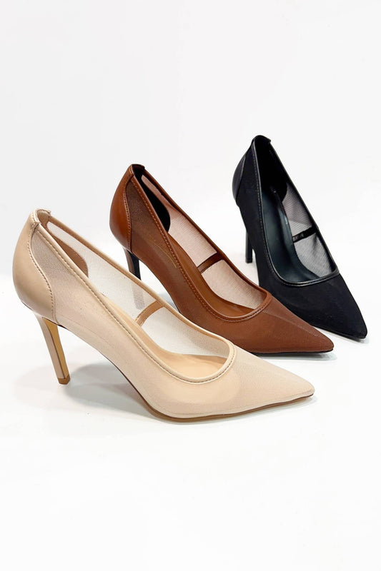 NEROLI-56 POINTED-TOE MESH UPPER STILETTO HEELS: NUDE / B12