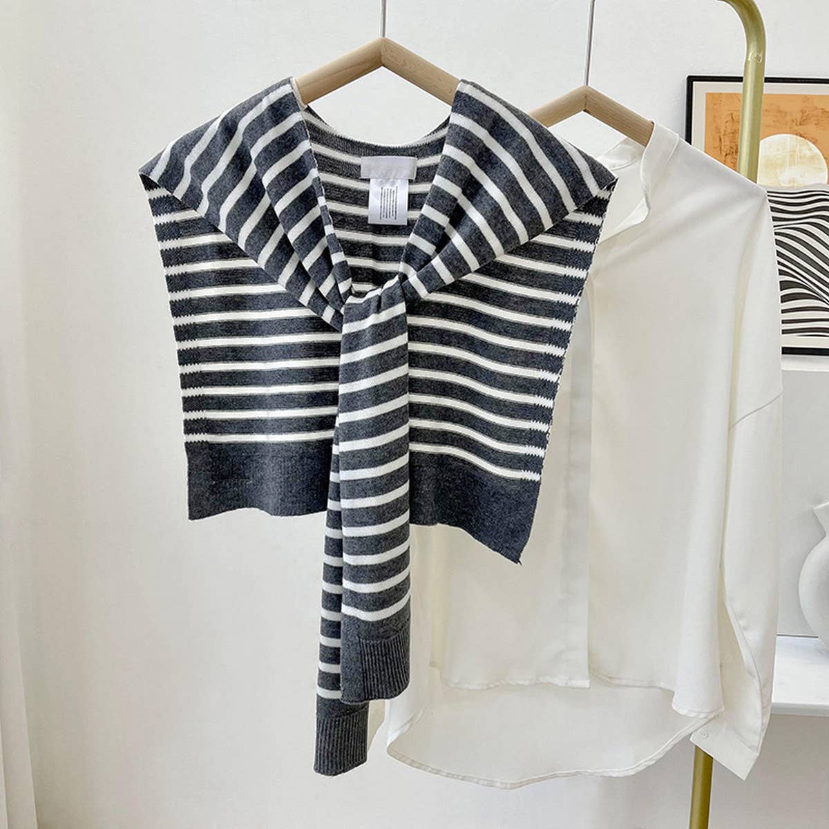 STRIPED KNITTED OUTER SHAWL_CWASC0758: KHAKI / (OS) 1