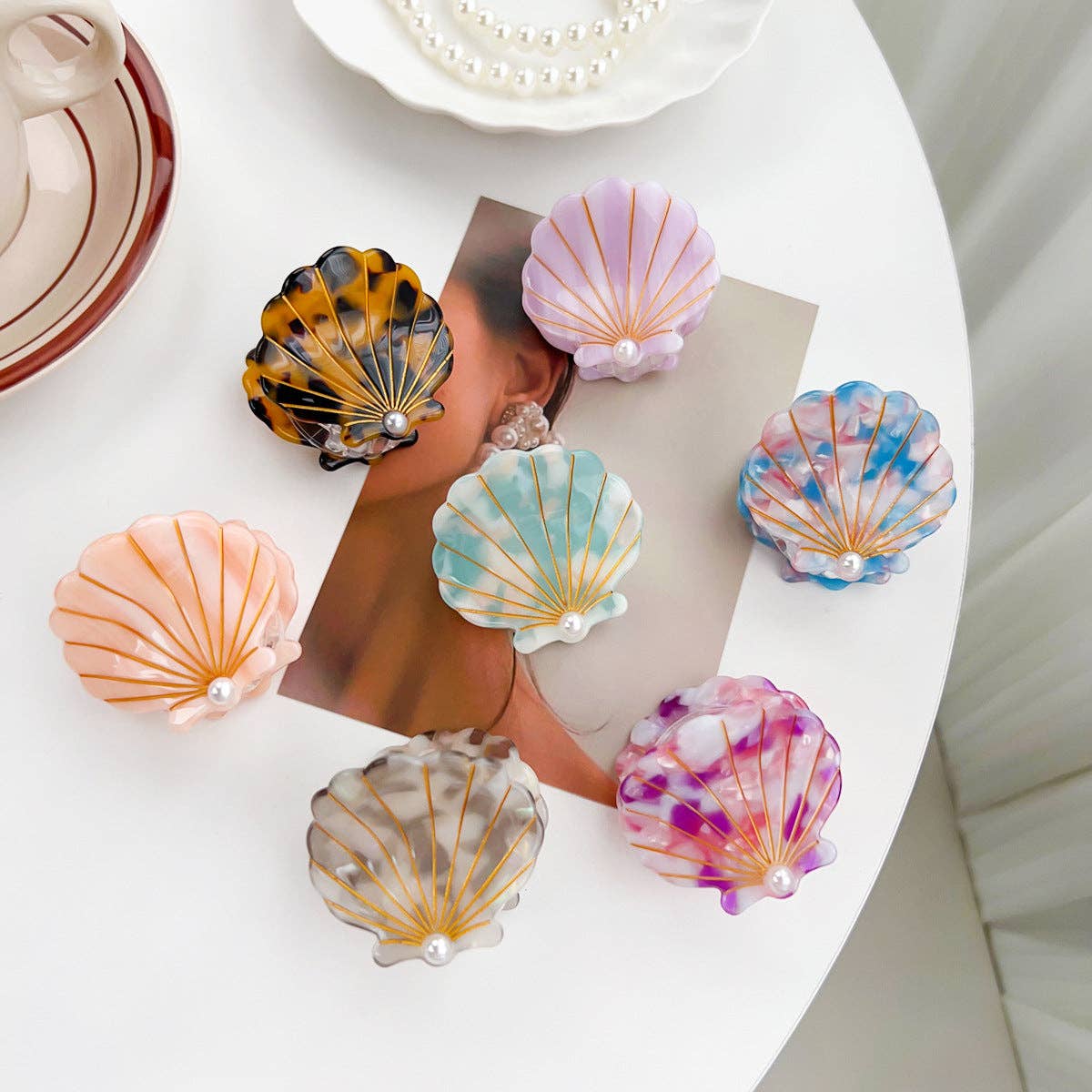Summer Seaside Pearl Shell Acetate Hair claw clips: Cyan-blue