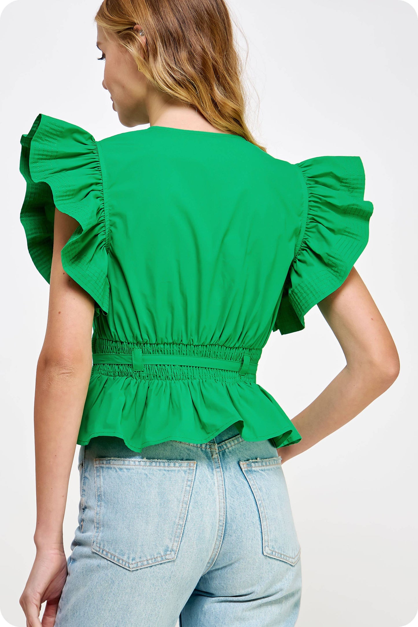 Flutter Sleeve Peplum Poplin Top: Off White / M