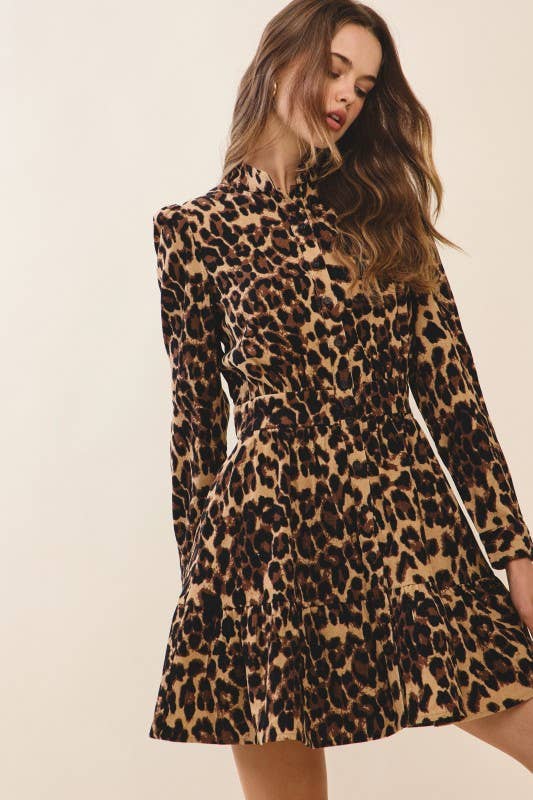 Leopard Print Fitted Waist Mini Shirt Dress: Brown