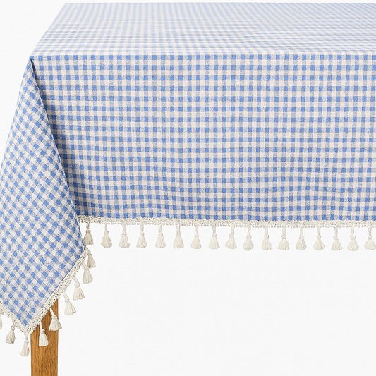 French Blue Rustic Gingham Tasseled Cotton Blend Tablecloth: 55"X55"