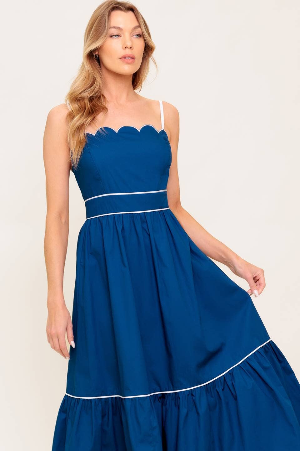 Solid Scallop Sundress Midi: Navy & White