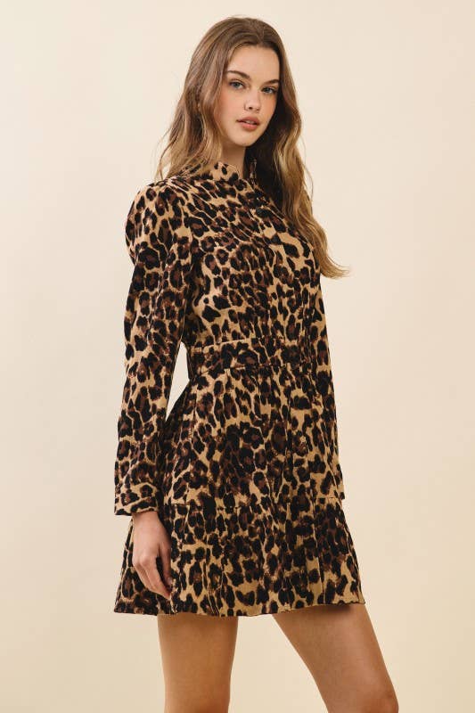 Leopard Print Fitted Waist Mini Shirt Dress: Brown