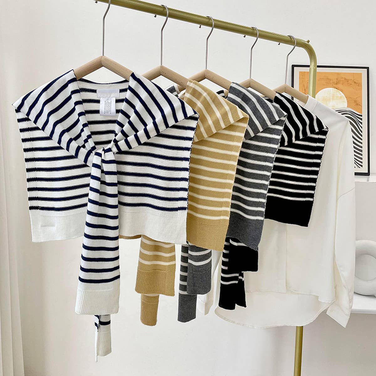 STRIPED KNITTED OUTER SHAWL_CWASC0758: KHAKI / (OS) 1