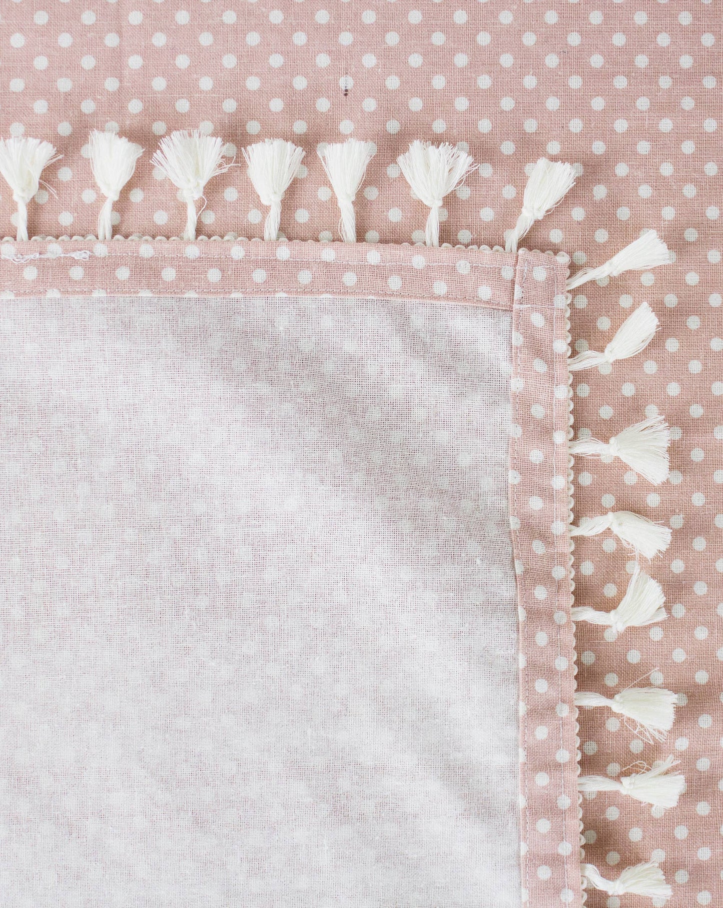 White Polka Dots Tasseled Pink Cotton Blend Tablecloth: 55x55