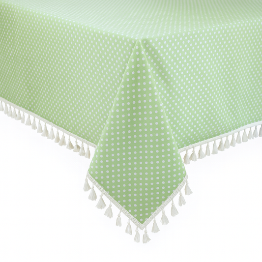 Rustic Polka Dots Tasseled Green Cotton Blend Tablecloth: 55x55