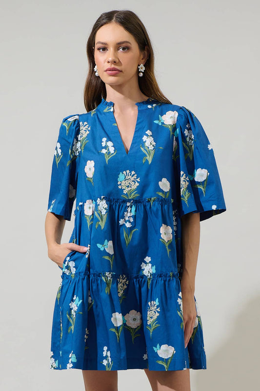 Madison Floral Dixie Split Neck Shift Dress: BLUE-WHITE-GREEN