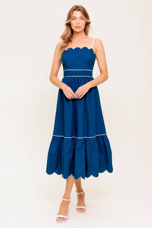 Solid Scallop Sundress Midi: Navy & White