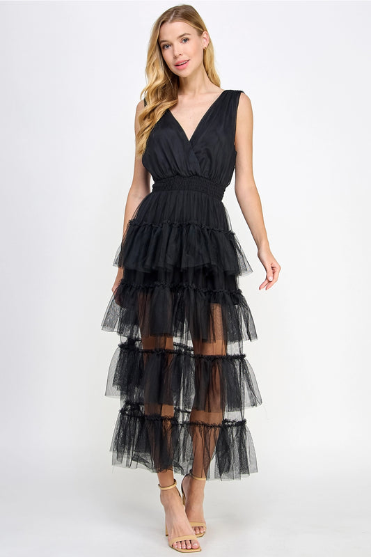 Layered Midi Dress: Black