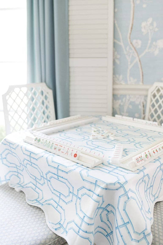Scalloped Square Table Topper: Sky Blue Bamboo Chain