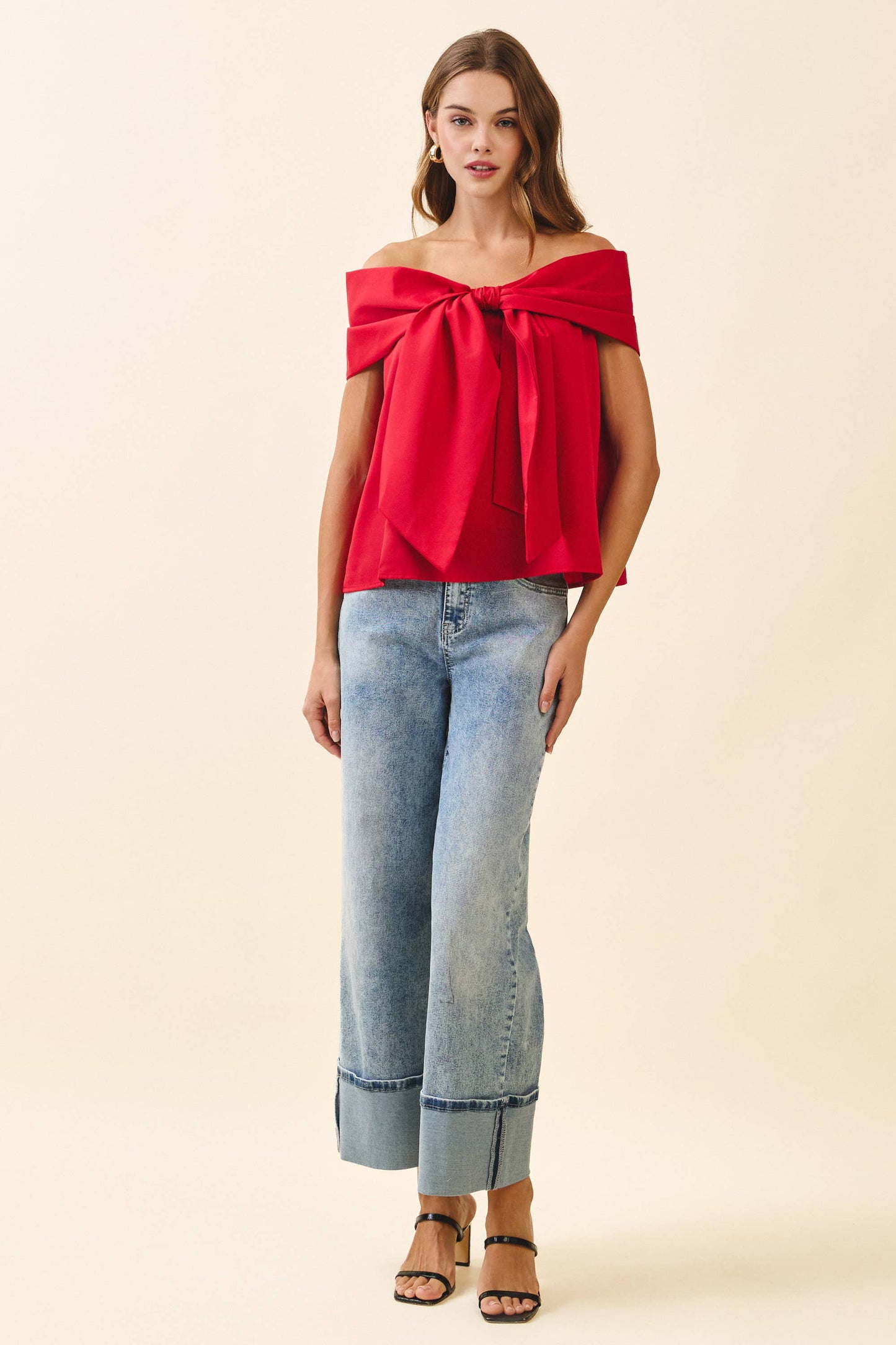 CT9079-Bow Accented Off The Shoulder Top: Red / S