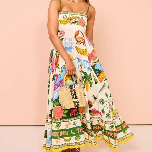 Suspender maxi dress graffiti print swing dress beach dress
