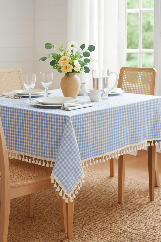 French Blue Rustic Gingham Tasseled Cotton Blend Tablecloth: 55"X55"