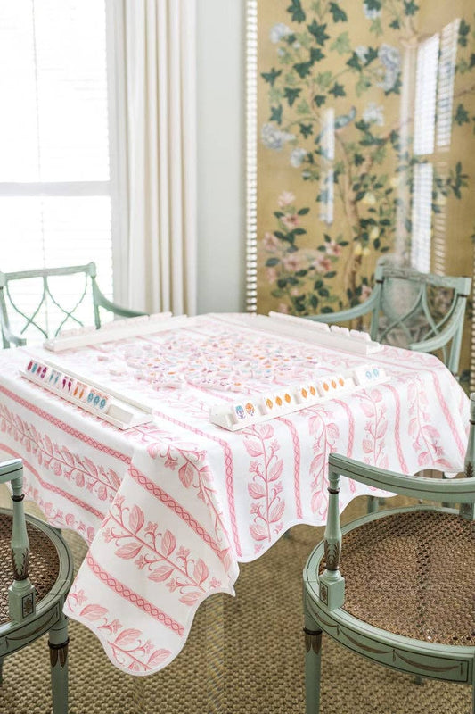 Scalloped Square Table Topper: Pink Botanical