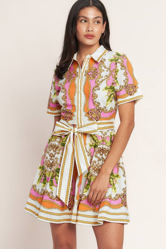 A printed woven mini shirt dress - ID23207: OFF WHITE PINK ORANGE / Contemporary / S