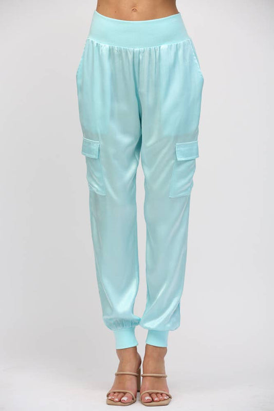 SATIN CARGO JOGGER PANTS, AQUA