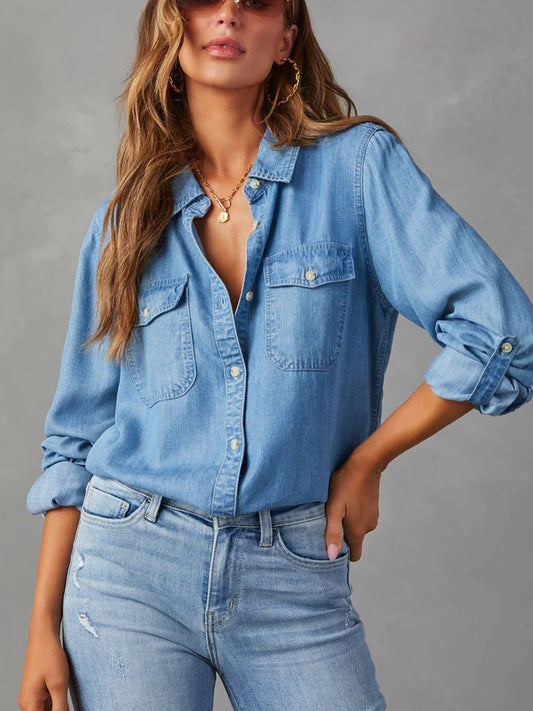 Casual Collar Button Long Sleeved Denim Top: Blue / S