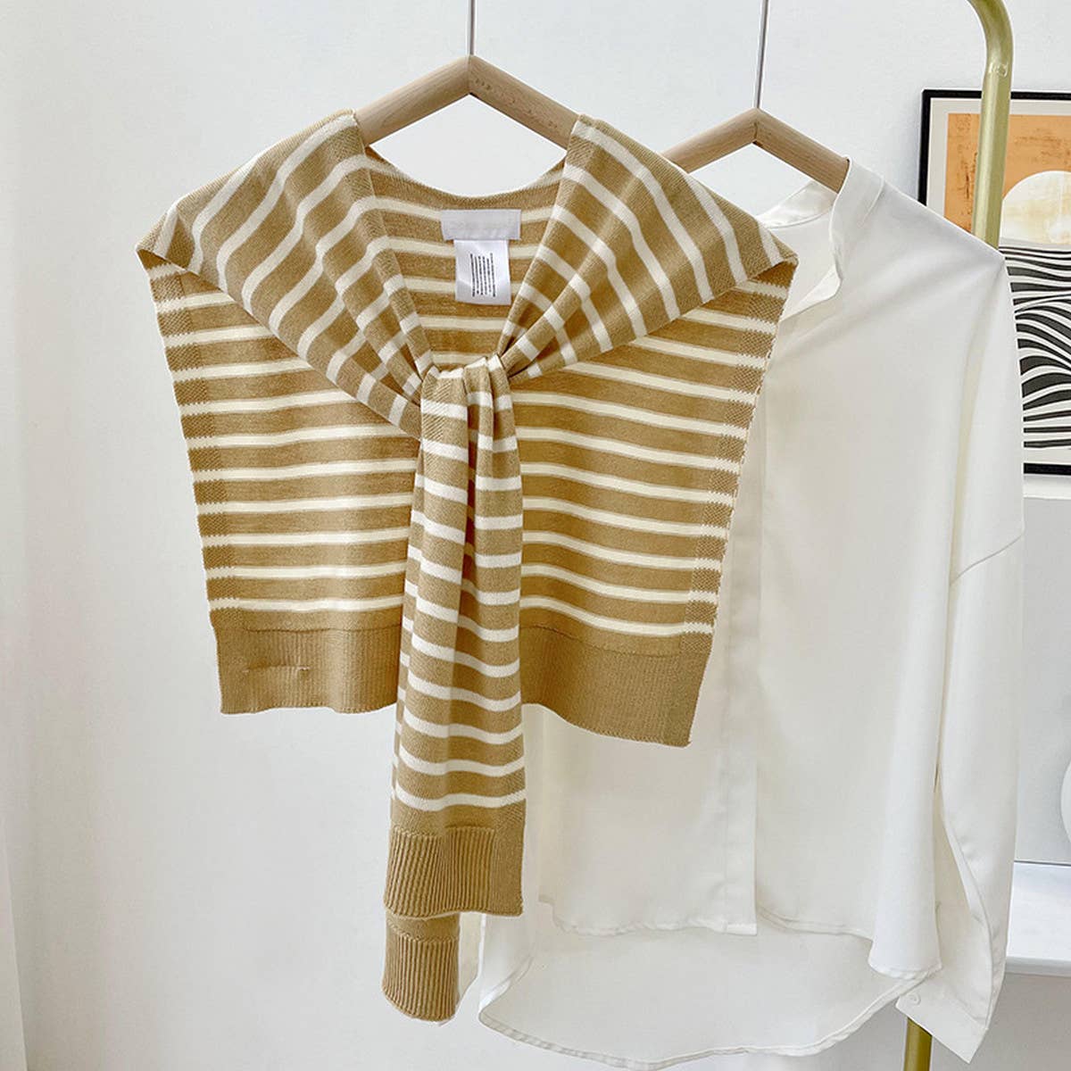 STRIPED KNITTED OUTER SHAWL_CWASC0758: KHAKI / (OS) 1