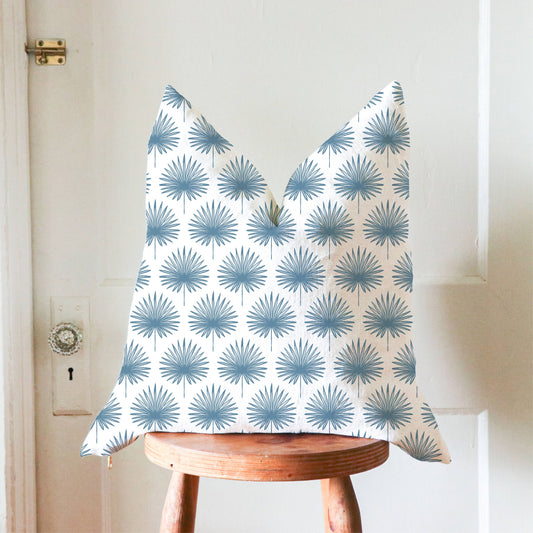 Linen Pillow Cover in Palm Leaves Pattern: Blue / 22x22 inches