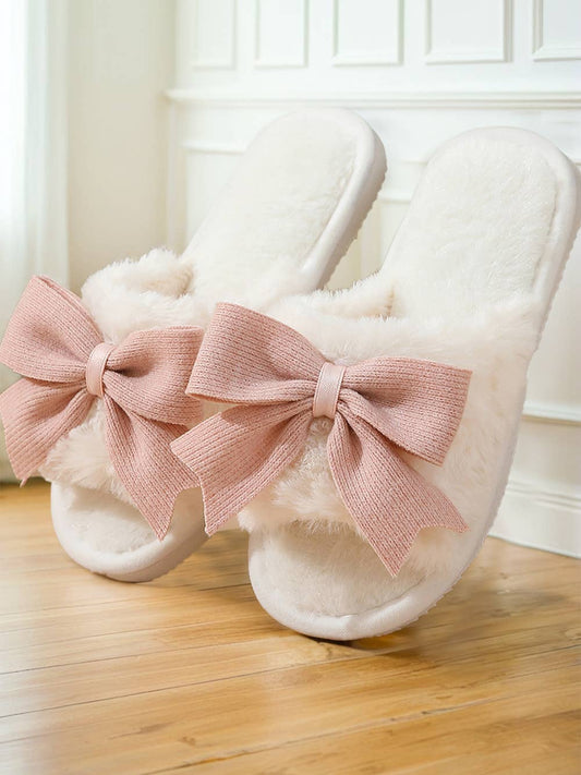 Bow Knot Decor Open Toe Plush Slippers: White