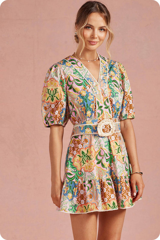 Garden Party Puff Sleeve Belted Cotton Mini Dress: Multi