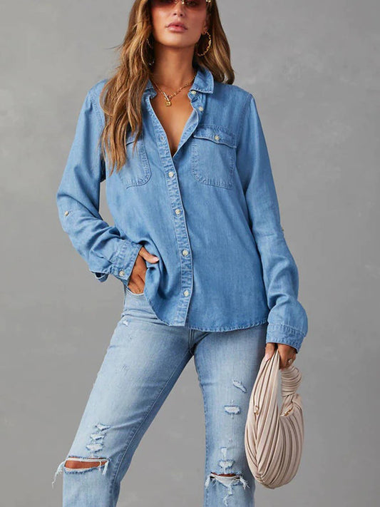 Casual Collar Button Long Sleeved Denim Top: Blue / S