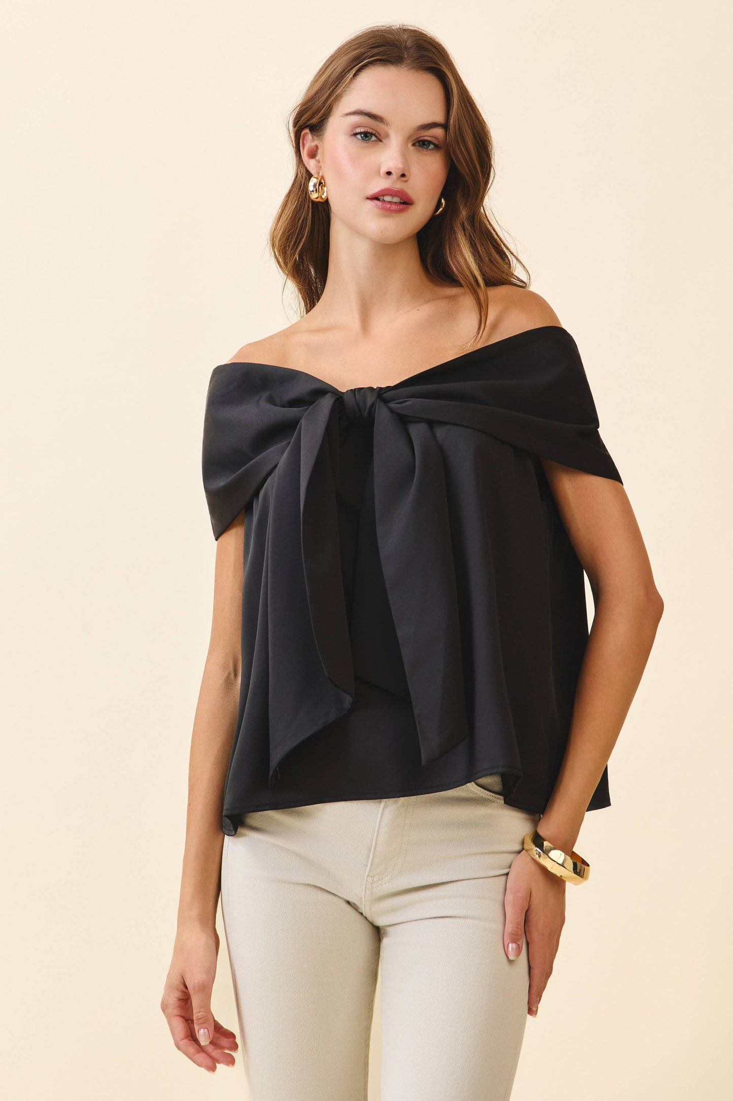CT9079-Bow Accented Off The Shoulder Top: Red / S