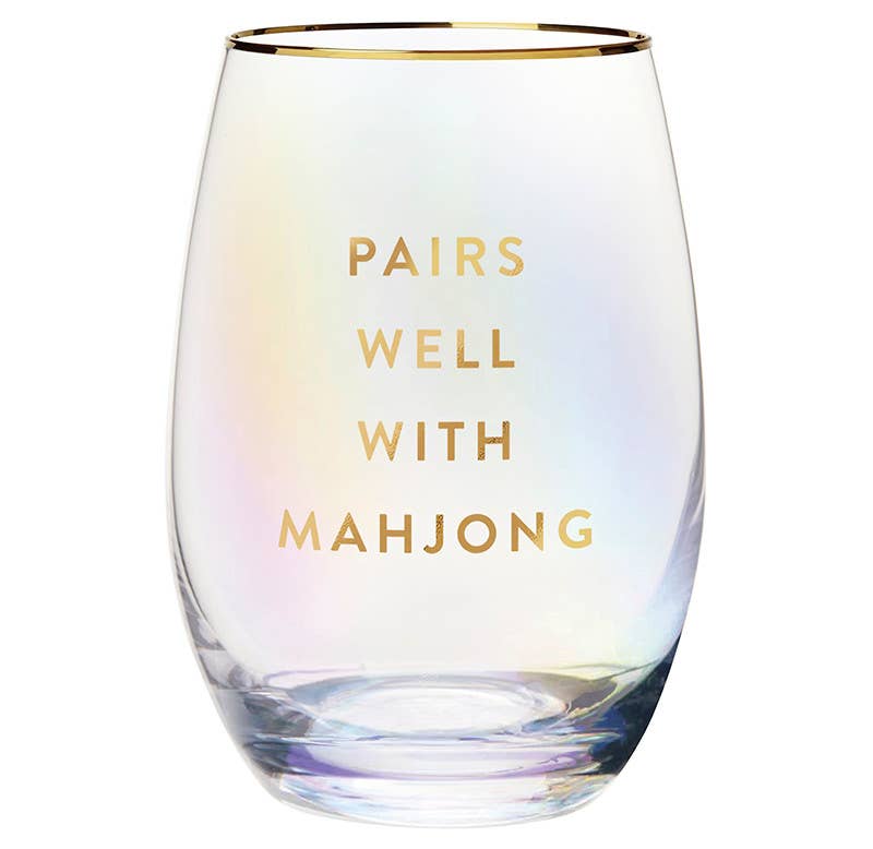 Gold Foil Stemless Wine Glass - Pairs Well with Mahjong: 17oz, 4.5" H