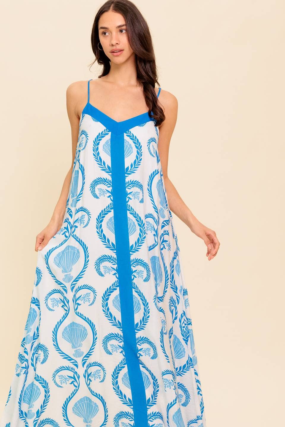 Printed woven maxi dress: Ivory & Blue
