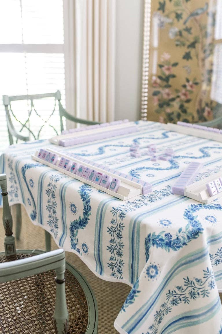 Scalloped Square Table Topper | Boxwood Garden: Delft Blue