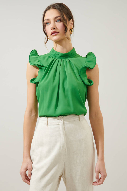 Kendra Mock Neck Wire Ruffle Sleeve Blouse: Kelly Green