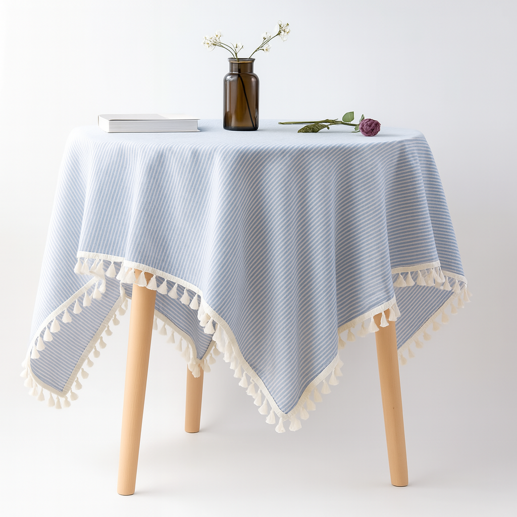 Blue and White Pinstripe Cotton Blend Tablecloth with Fringe: 55"x55" square