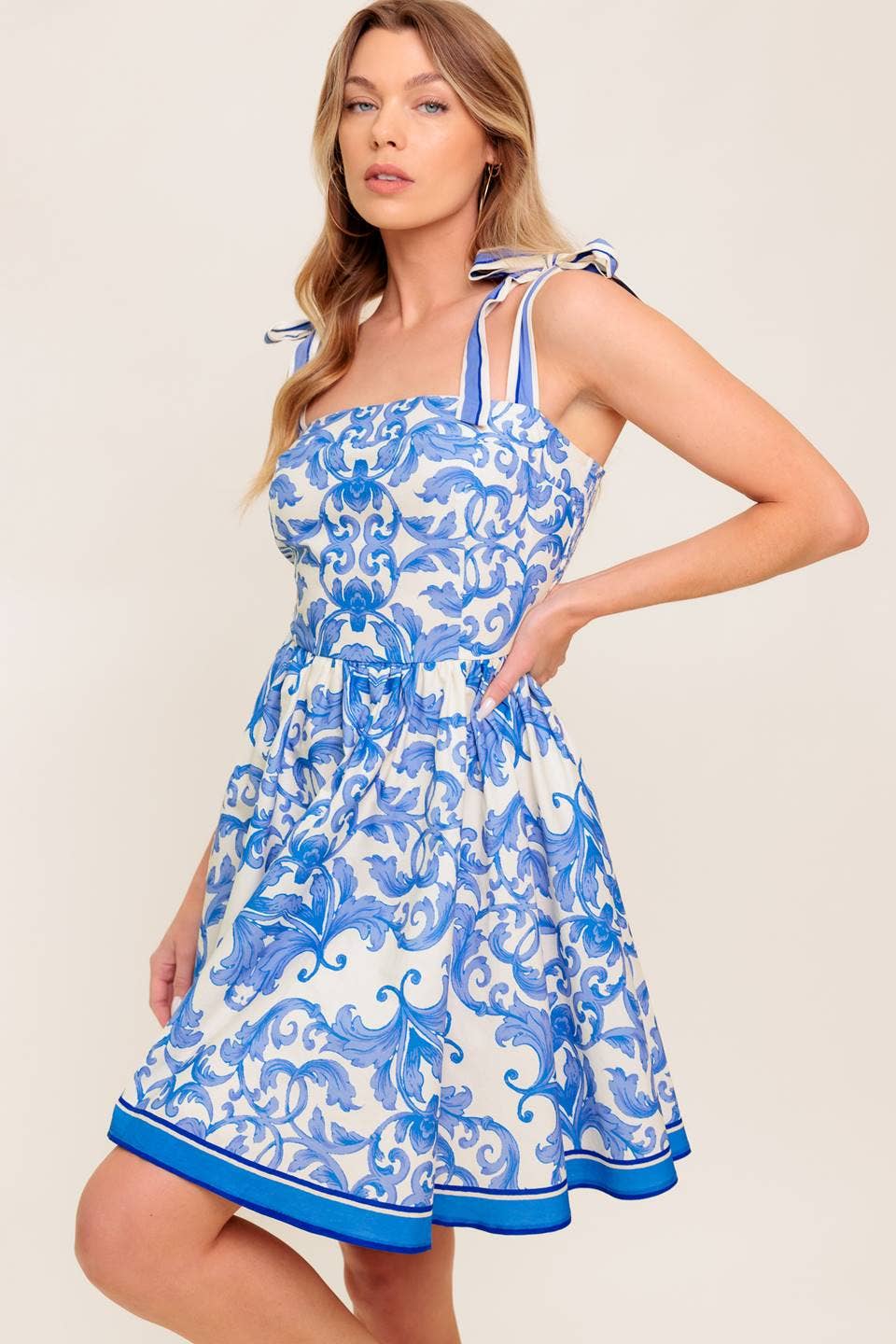 Print Tie Top Dress: Ivory & Blue