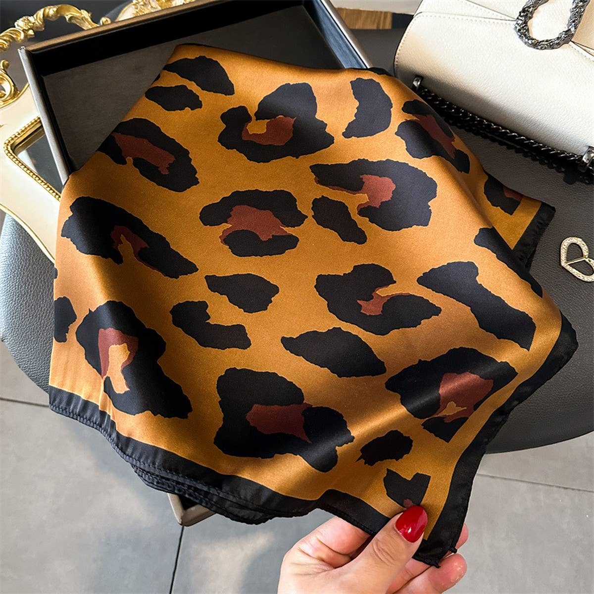 Leopard Print Satin Square Scarf, Hair Wrap_CWASC1425: White / (OS) 3
