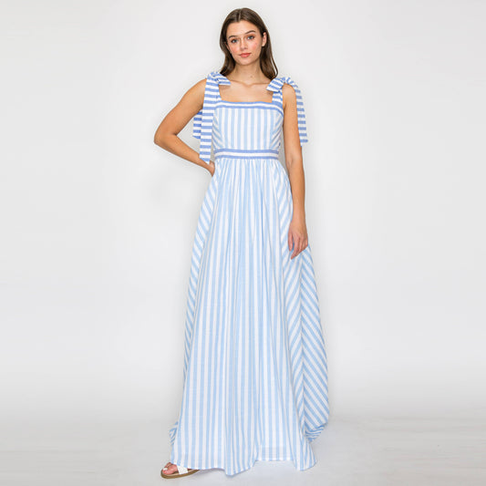 Dreamy Blue Stripe Maxi Dress with Shoulder Tie